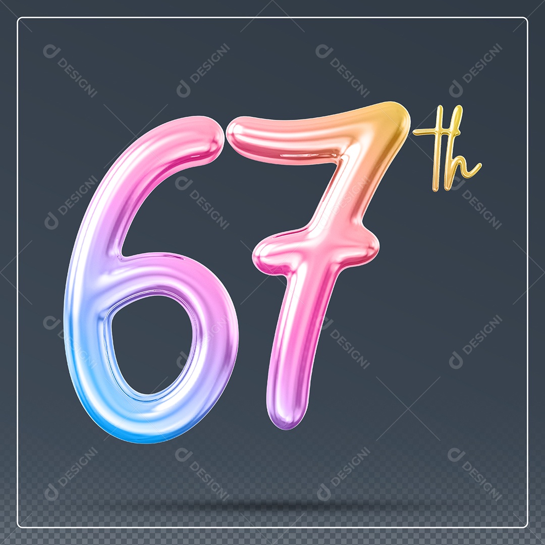Elemento 3D Número 67 Th Colorido para Composição PSD