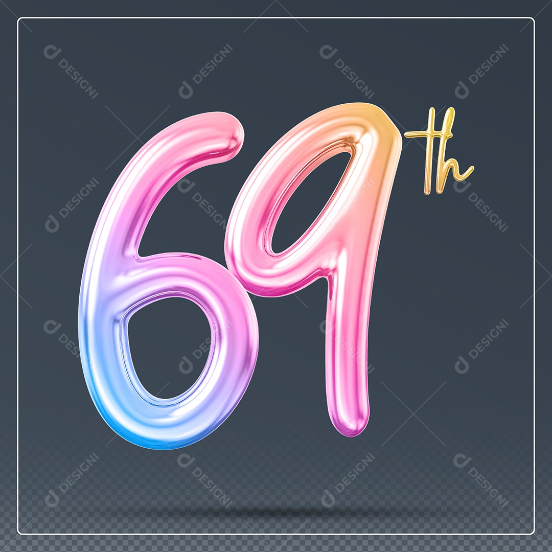 Elemento 3D Número 69 Th Colorido para Composição PSD