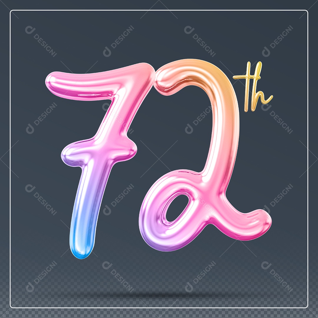 Elemento 3D Número 72 Th Colorido para Composição PSD