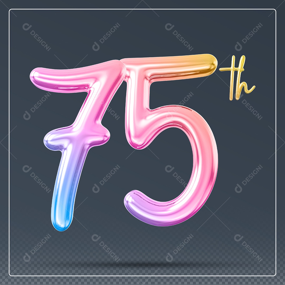 Elemento 3D Número 75 Th Colorido para Composição PSD