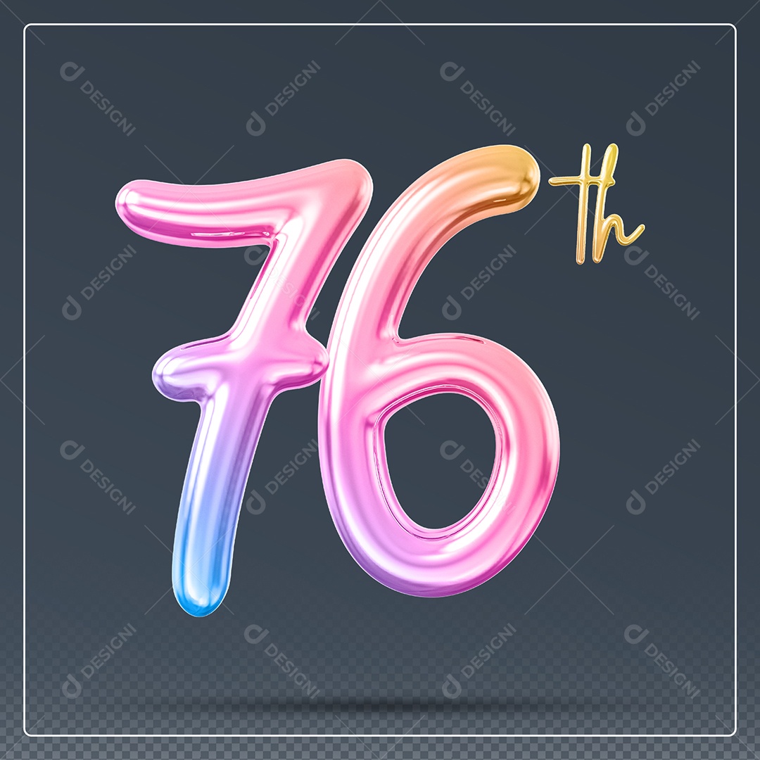 Elemento 3D Número 76 Th Colorido para Composição PSD
