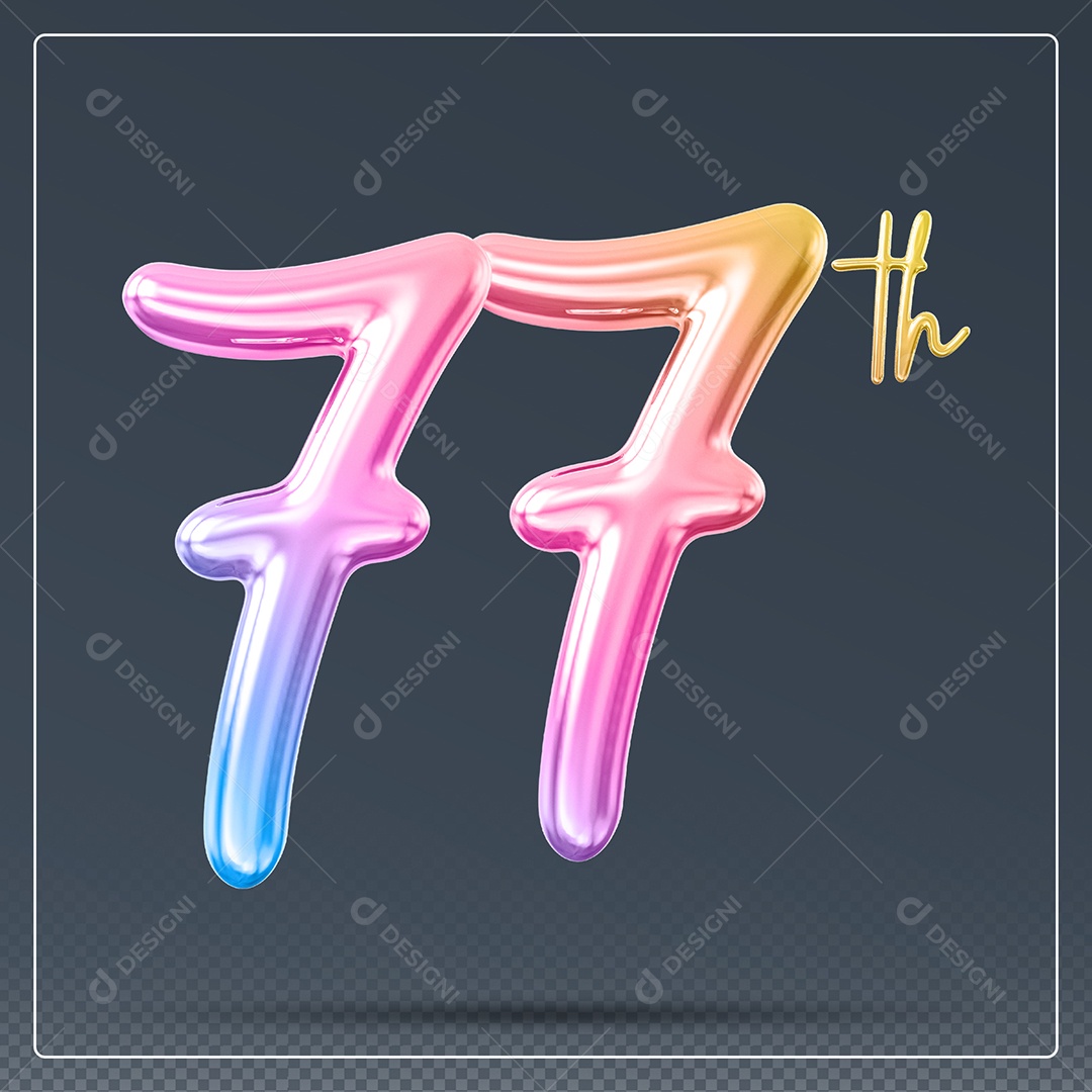 Elemento 3D Número 77 Th Colorido para Composição PSD