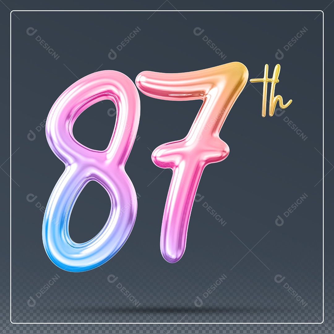 Elemento 3D Número 87 Th Colorido para Composição PSD