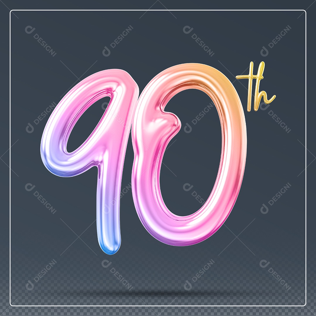 Elemento 3D Número 90 Th Colorido para Composição PSD
