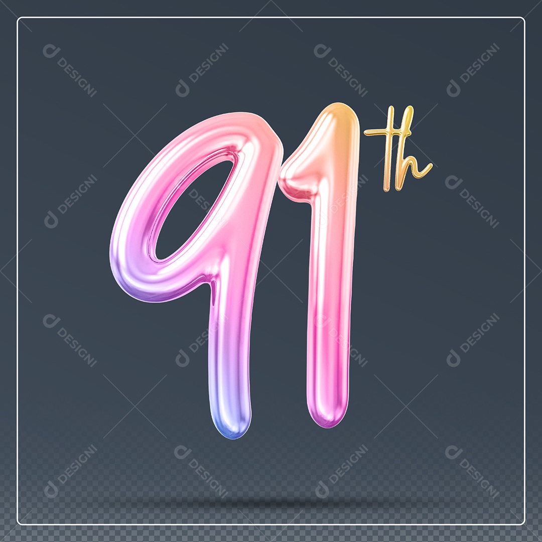 Elemento 3D Número 91 Th Colorido para Composição PSD
