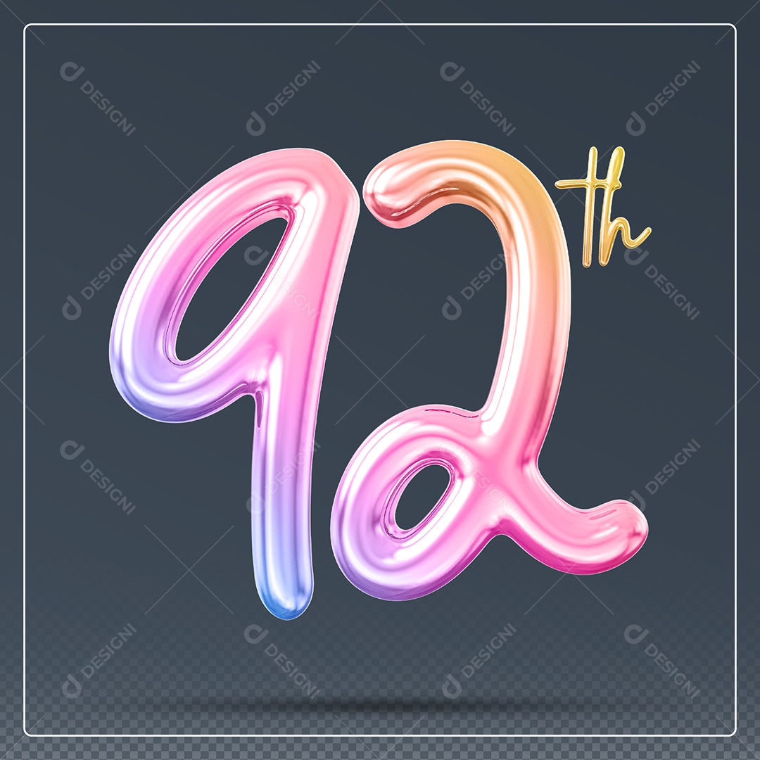 Elemento 3D Número 92 Th Colorido para Composição PSD