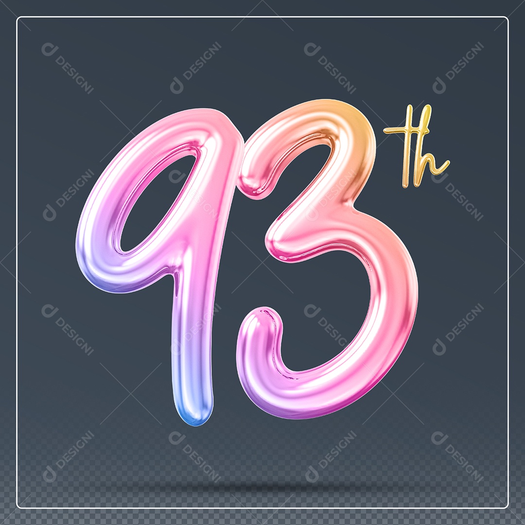Elemento 3D Número 93 Th Colorido para Composição PSD