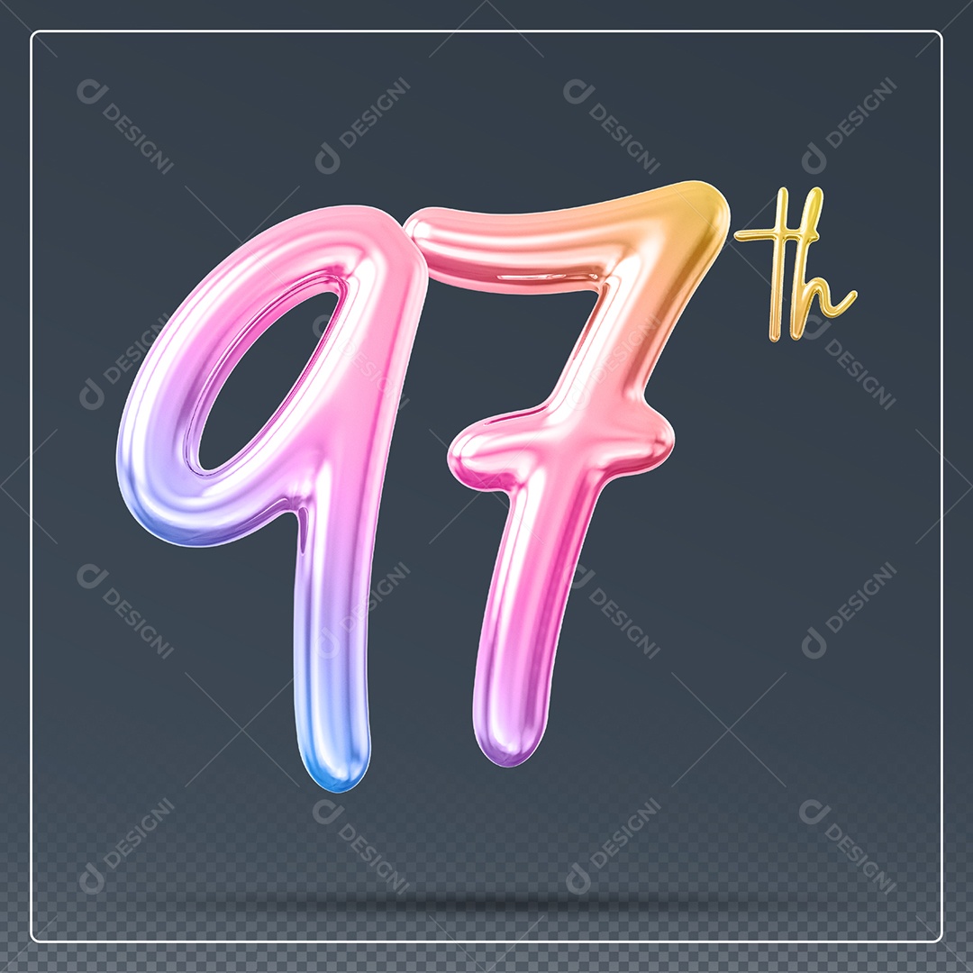 Elemento 3D Número 97 Th Colorido para Composição PSD