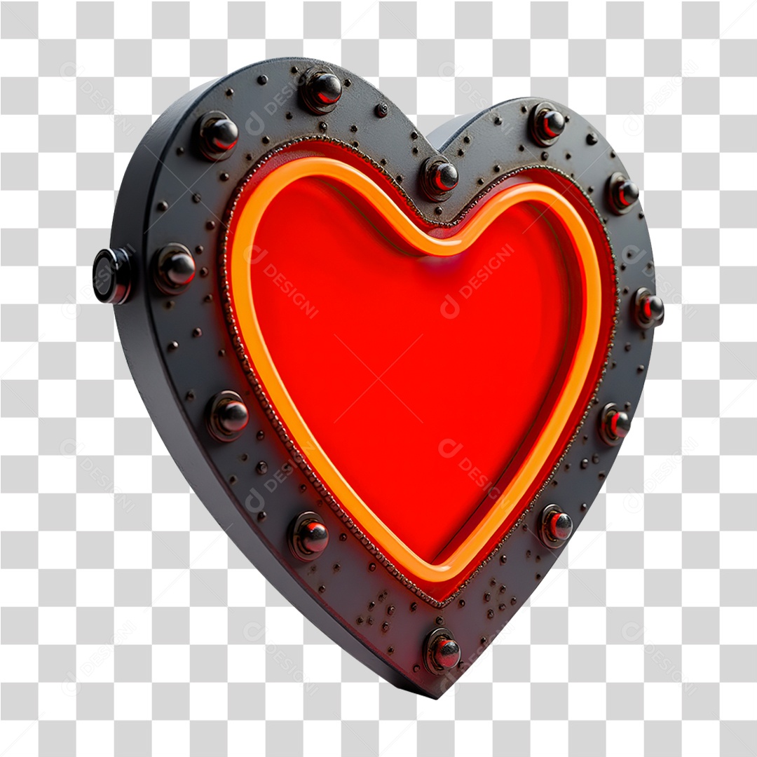 Elemento 3D Coração de Ferro Metal PNG Transparente