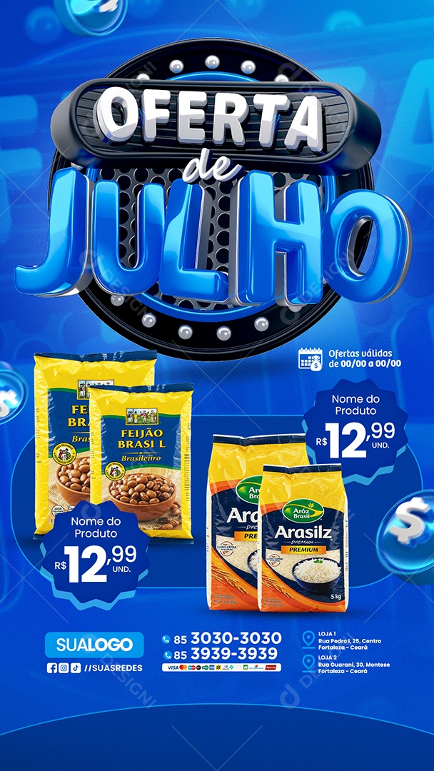 Story Tabloide Mercado Oferta de Julho Feijão Arroz e Molho de Tomate Social Media PSD Editável