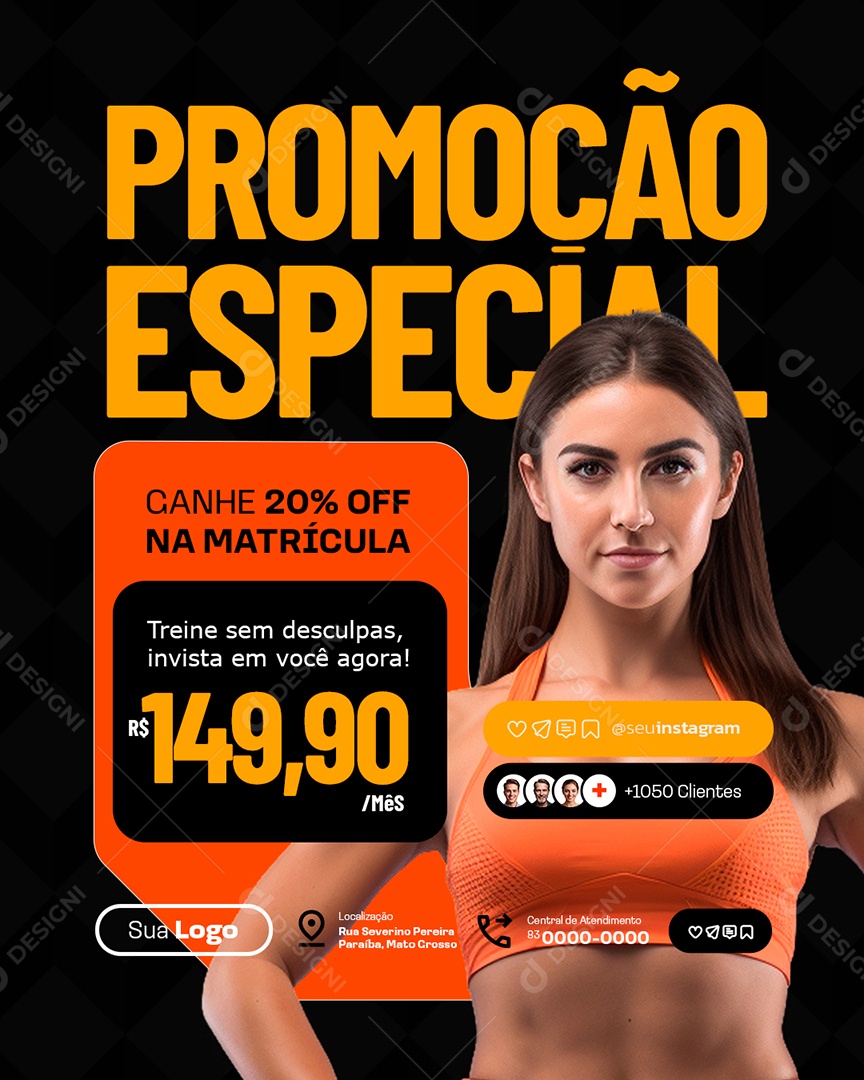 Academia Promoção Especial Treine Sem Desculpas Social Media PSD Editável