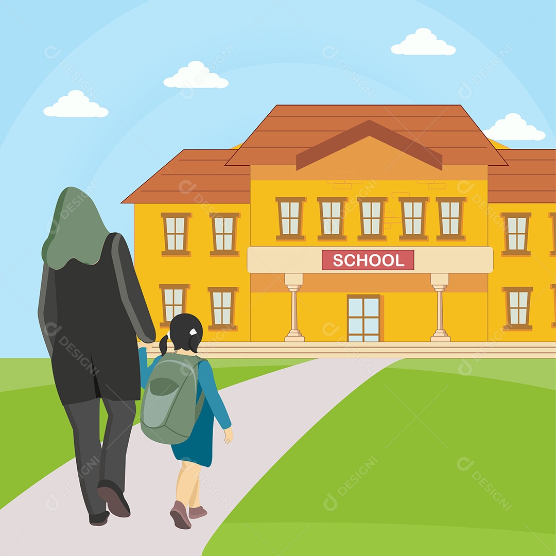 Mãe Leva Sua Filha Para a Escola Desenho Animado Ilustração Vetor EPS