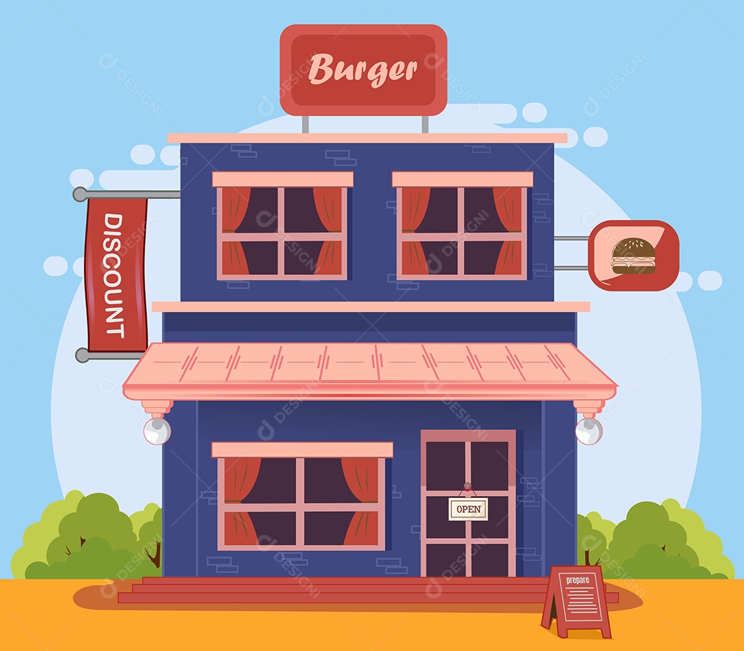 Hamburgueria de Burger Fast Food Desenho Animado Ilustração Vetor EPS