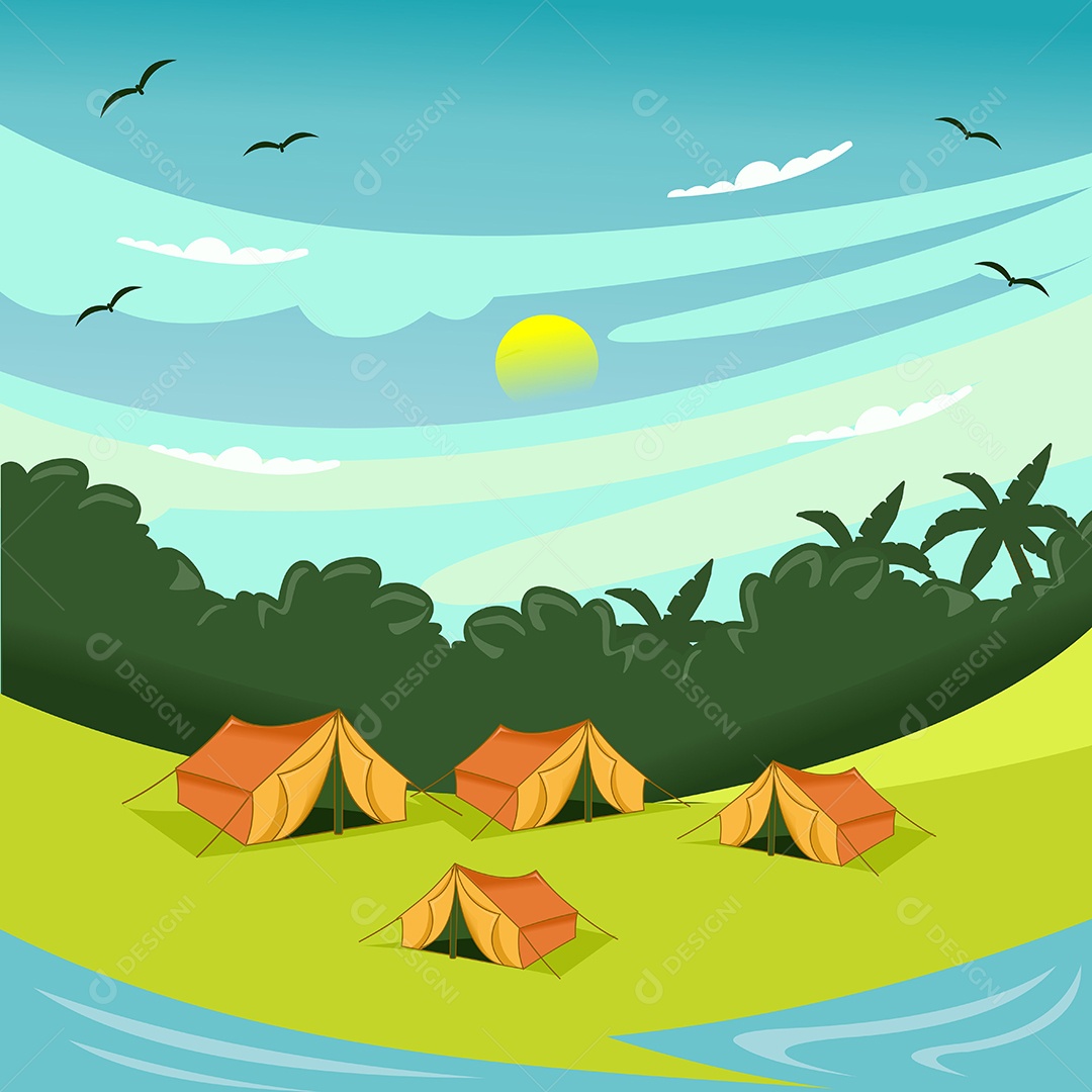 Acampamento de Verão Desenho Animado Ilustração Vetor EPS