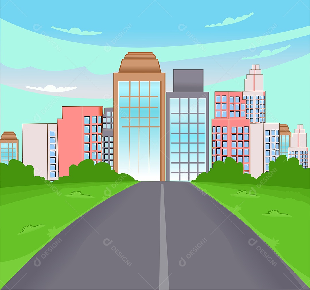 Cidade à Tarde Vista Desenho Animado Ilustração Vetor EPS