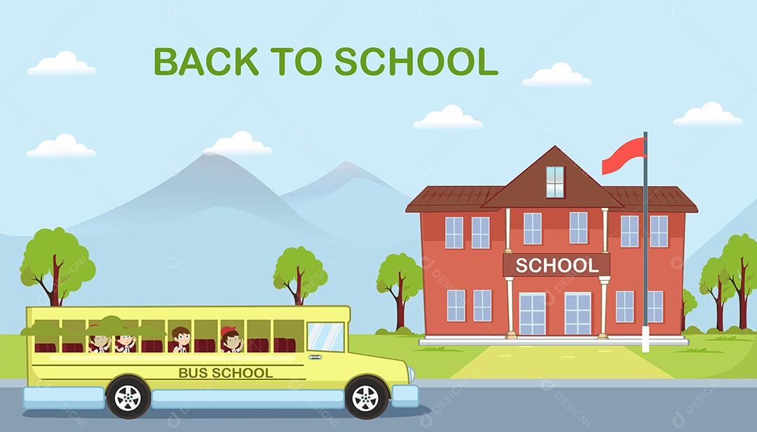 Ônibus Escolar e Escola Desenho Animado Ilustração Vetor EPS