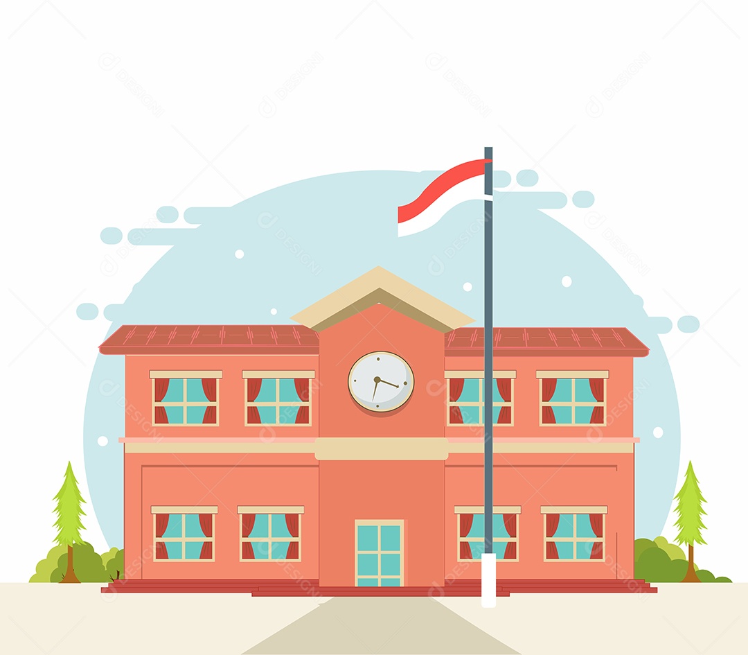 Volta às Aulas Projeto de Prédio Escolar Desenho Animado Ilustração Vetor EPS