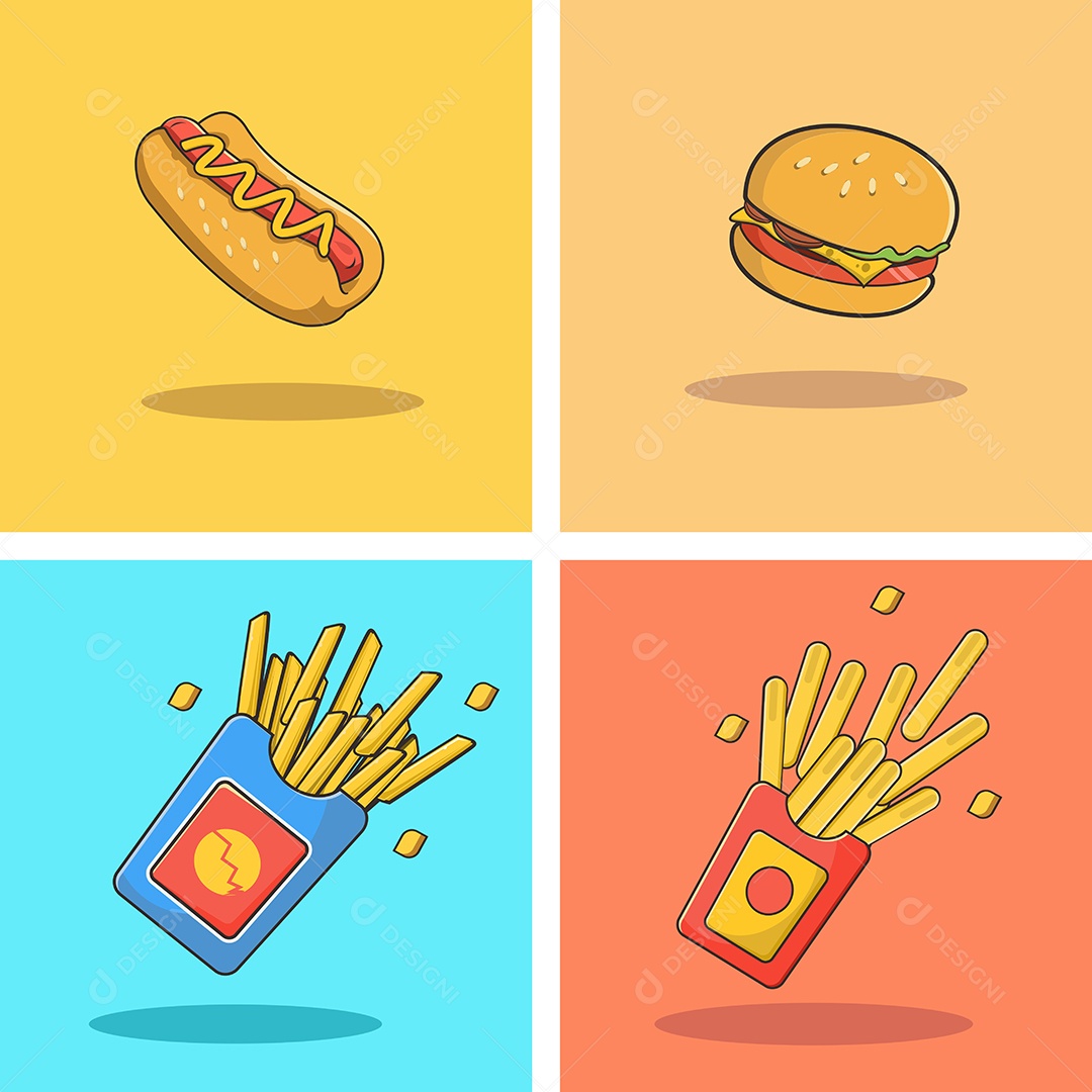 Conjunto de Fast Food Desenho Animado Ilustração Vetor EPS