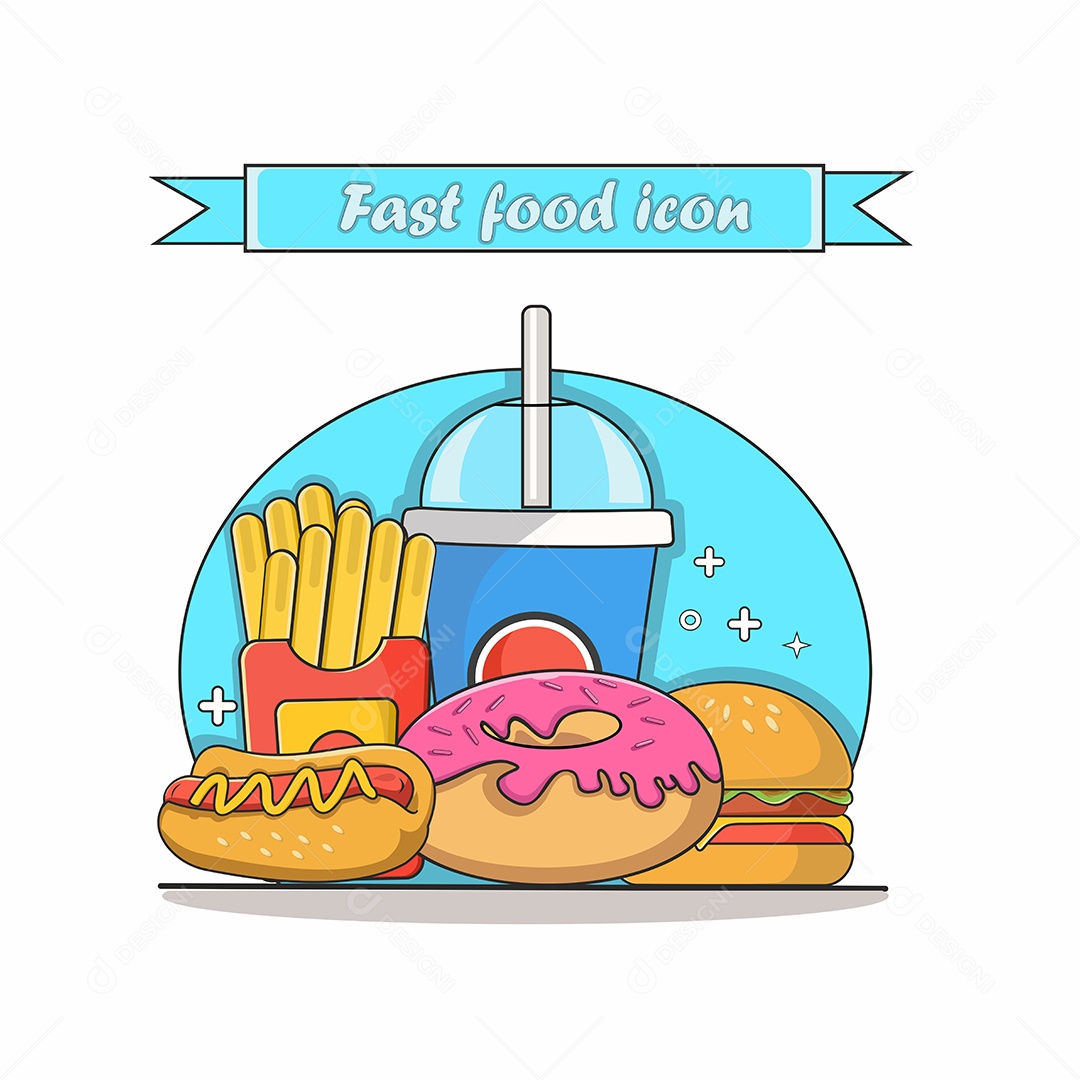 Conjunto de Fast Food Desenho Animado Ilustração Vetor EPS Editável