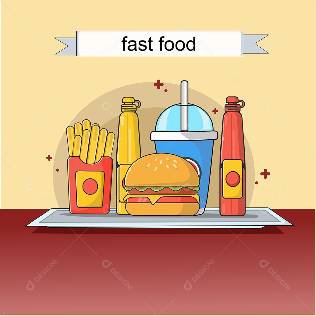 Conjunto de Fast Food Desenho Animado Ilustração Vetor EPS Editável