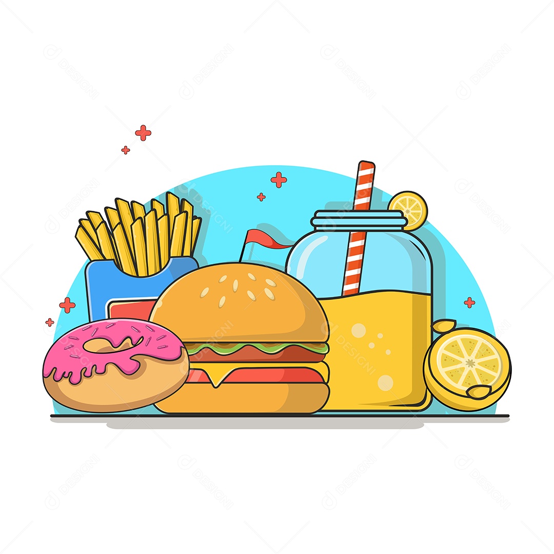 Conjunto de Fast Food Desenho Animado Ilustração Vetor EPS Editável