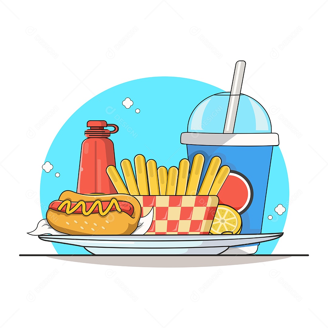 Conjunto de Fast Food Desenho Animado Ilustração Vetor EPS Editável