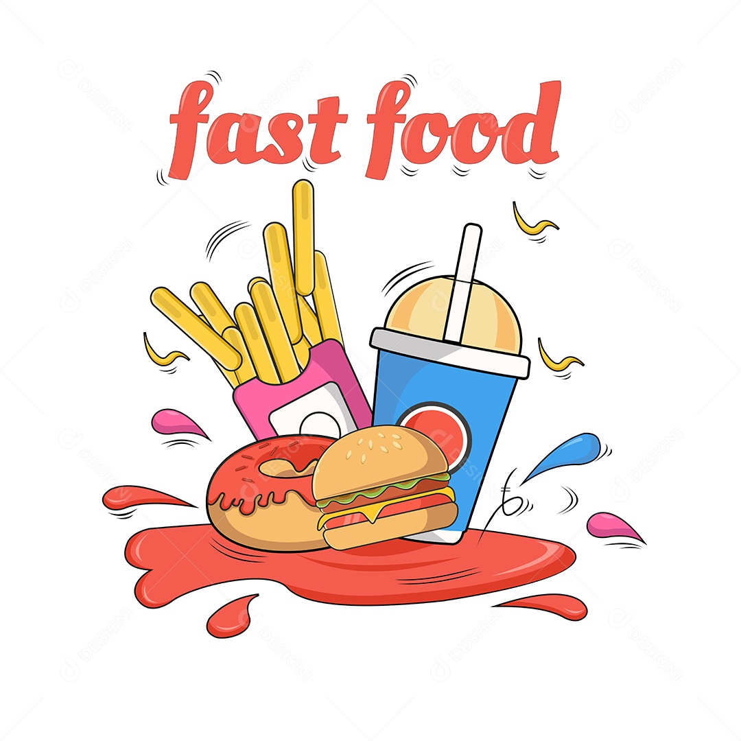 Conjunto de Fast Food Desenho Animado Ilustração Vetor EPS Editável