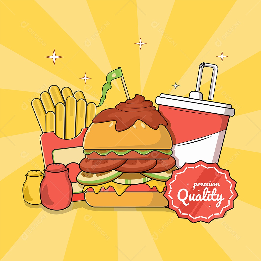 Conjunto de Fast Food Desenho Animado Ilustração Vetor EPS Editável
