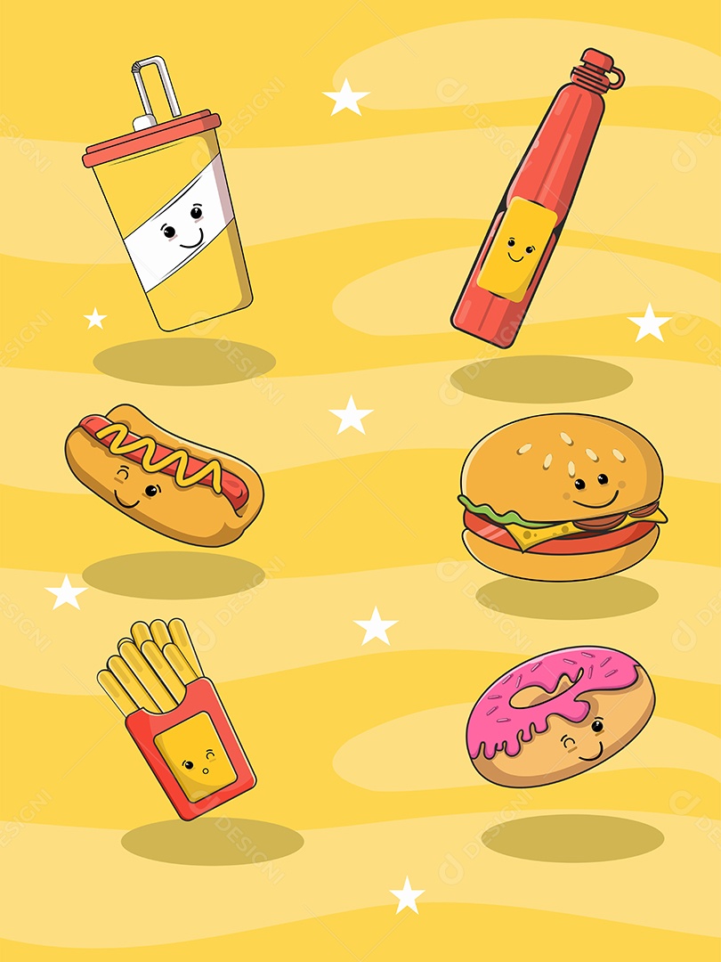 Conjunto de Fast Food Desenho Animado Ilustração Vetor EPS Editável