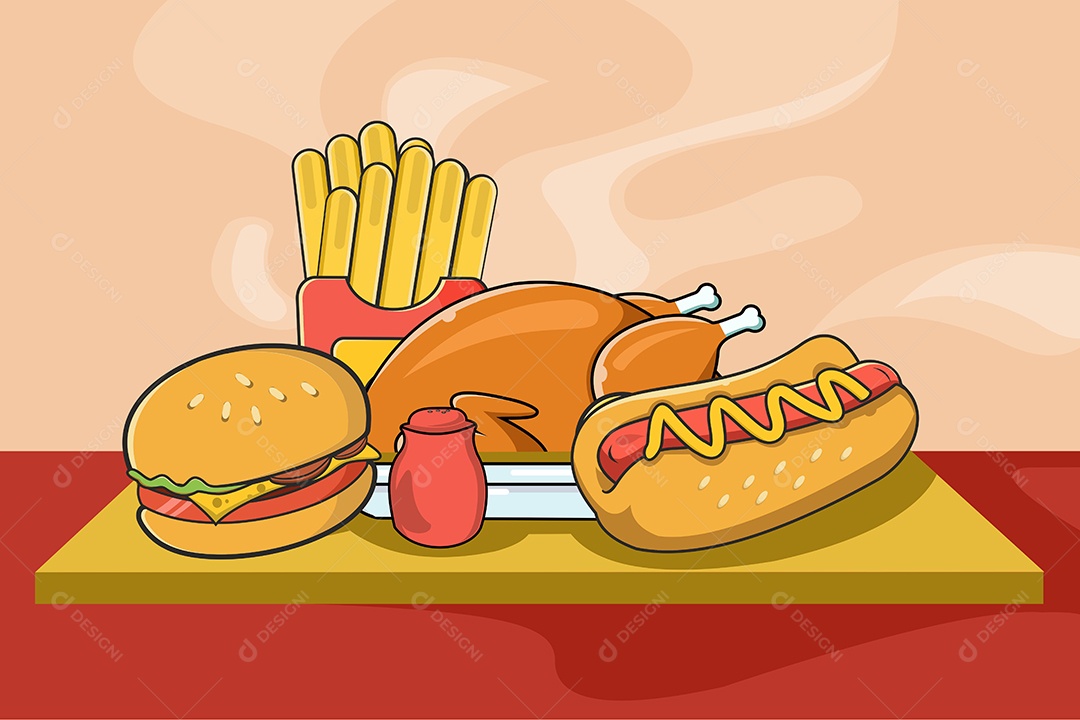 Conjunto de Fast Food Desenho Animado Ilustração Vetor EPS Editável