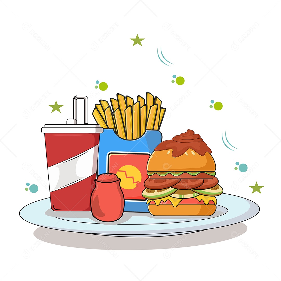 Conjunto de Fast Food Desenho Animado Ilustração Vetor EPS Editável