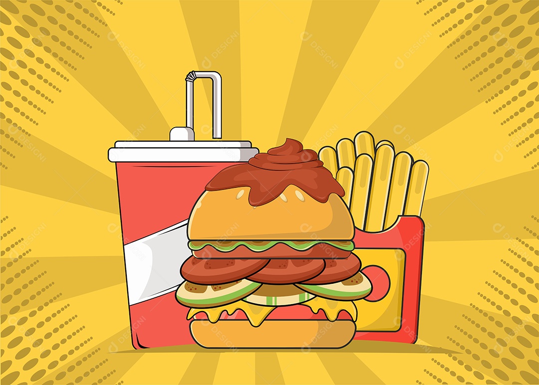 Conjunto de Fast Food Desenho Animado Ilustração Vetor EPS Editável
