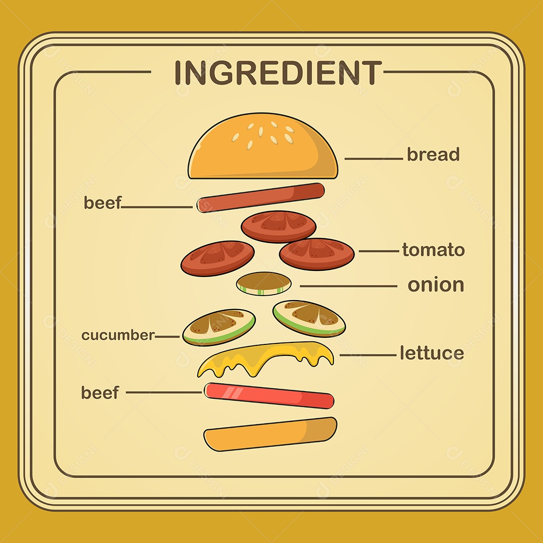 Conjunto de Ingredientes de Um Hambúrguer Fast Food Desenho Animado Ilustração Vetor EPS Editável