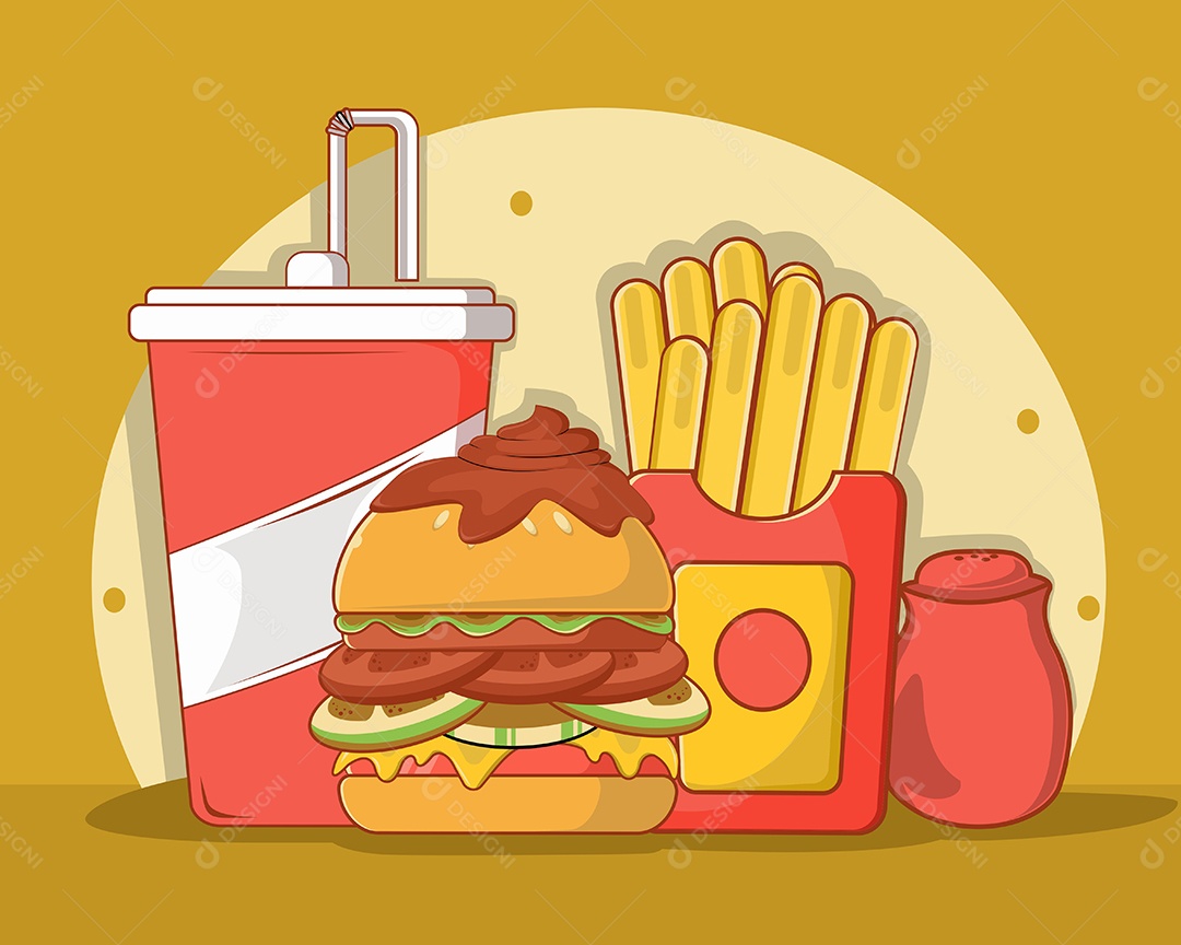 Conjunto de Fast Food Desenho Animado Ilustração Vetor EPS Editável