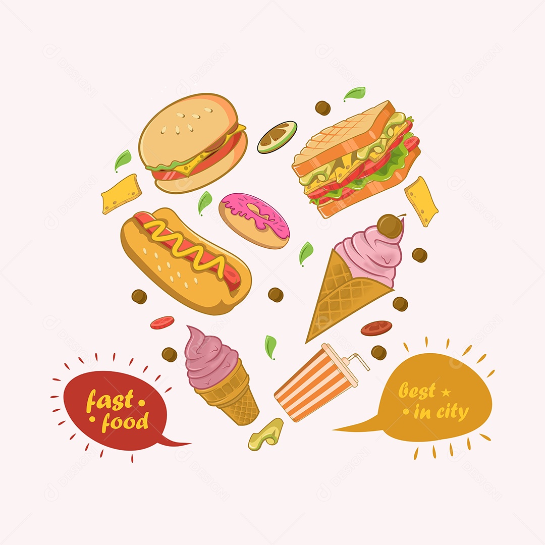 Conjunto de Fast Food Desenho Animado Ilustração Vetor EPS Editável