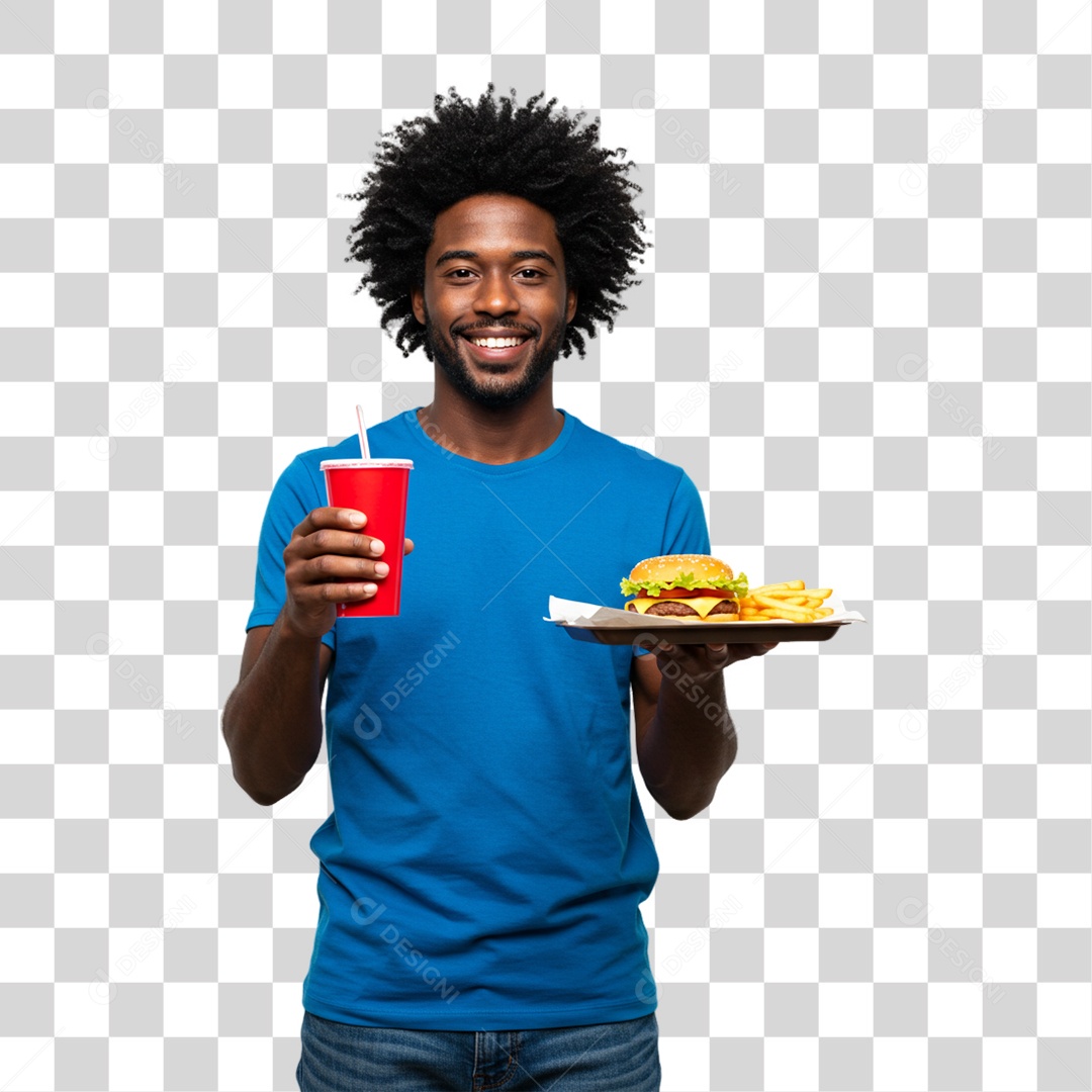 Homem Segurando Bandeja com Lanches e Hambúrguer PNG Transparente