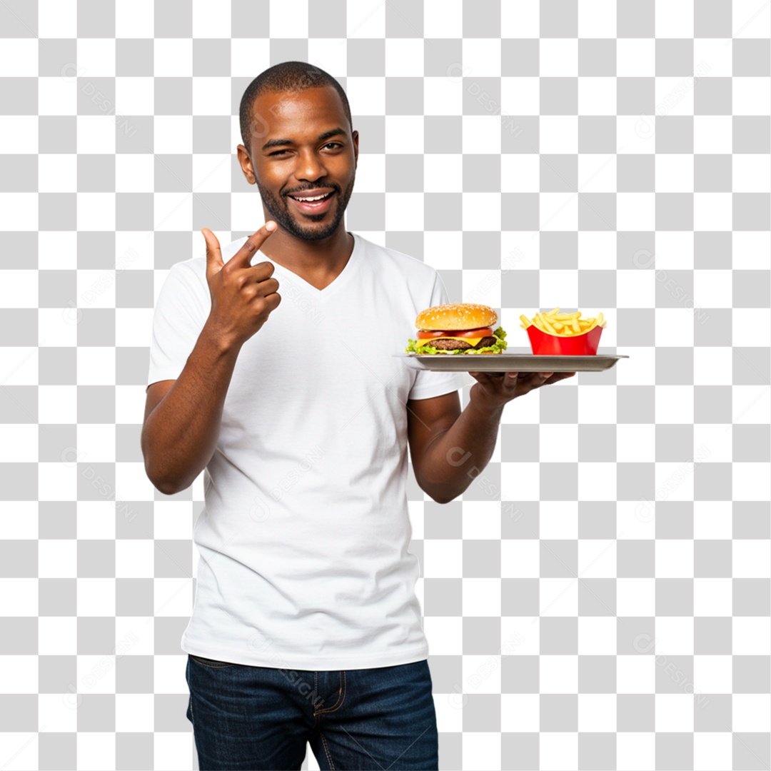 Homem Segurando Bandeja com Lanches e Hambúrguer PNG Transparente