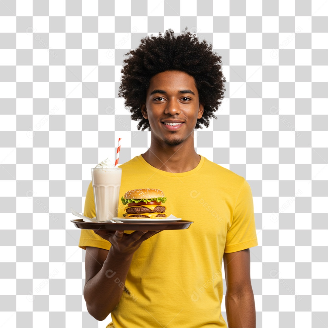 Homem Segurando Bandeja com Lanches e Hambúrguer PNG Transparente