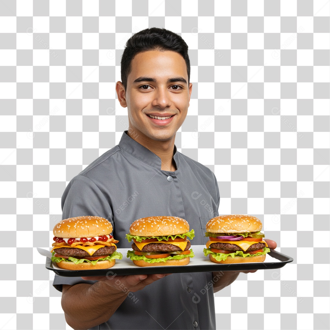 Homem Segurando Bandeja com Lanches e Hambúrguer PNG Transparente
