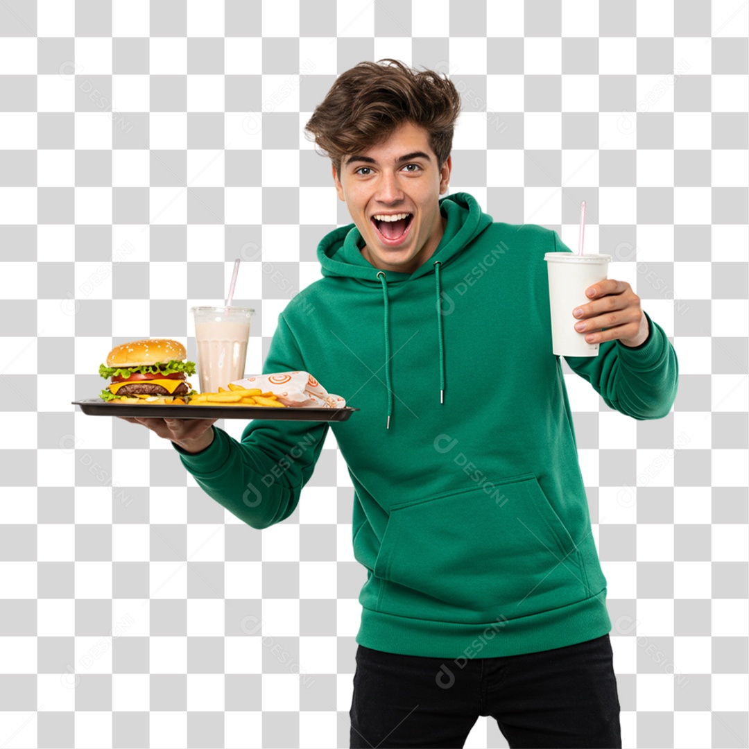 Homem Segurando Bandeja com Lanches e Hambúrguer PNG Transparente