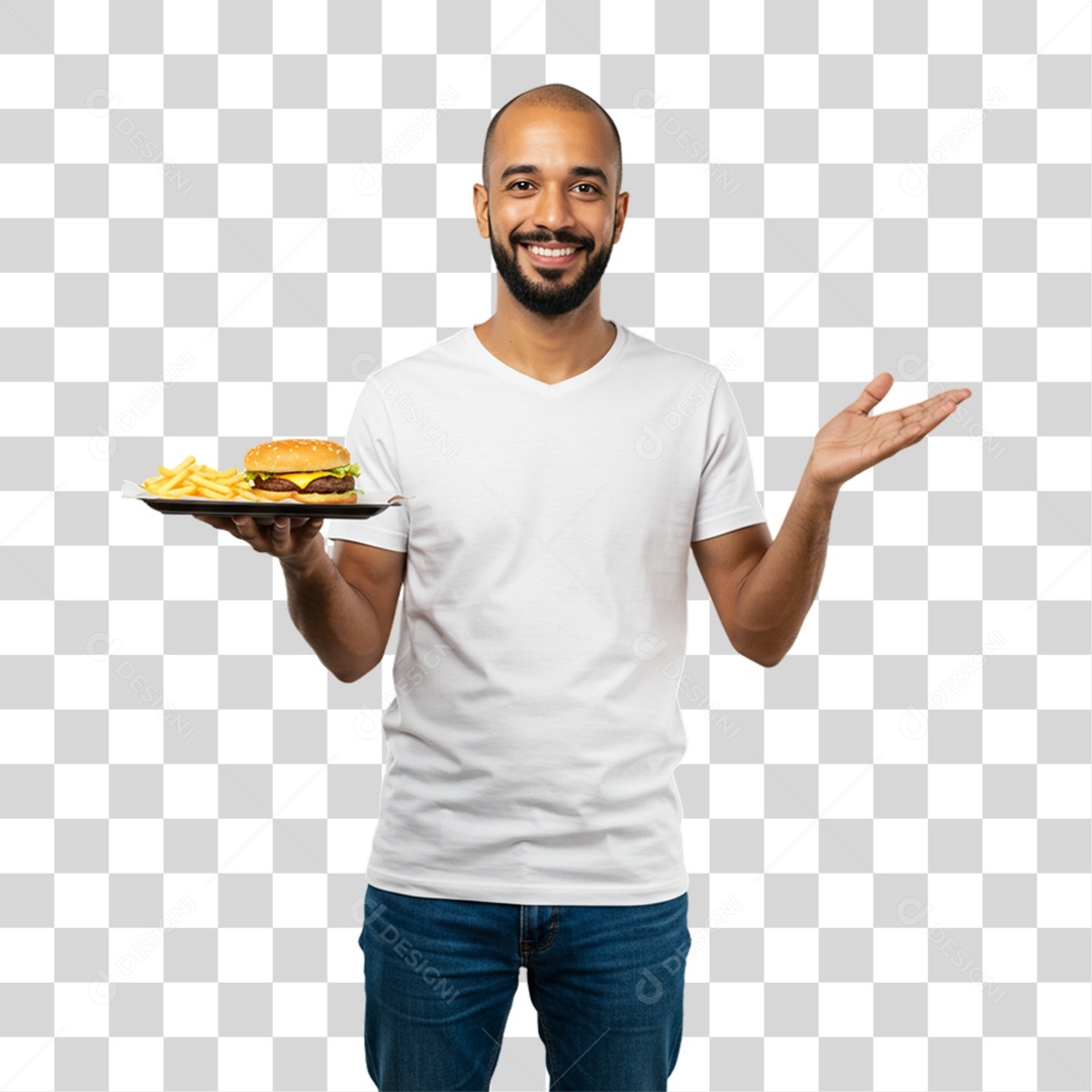 Homem Segurando Bandeja com Lanches e Hambúrguer PNG Transparente
