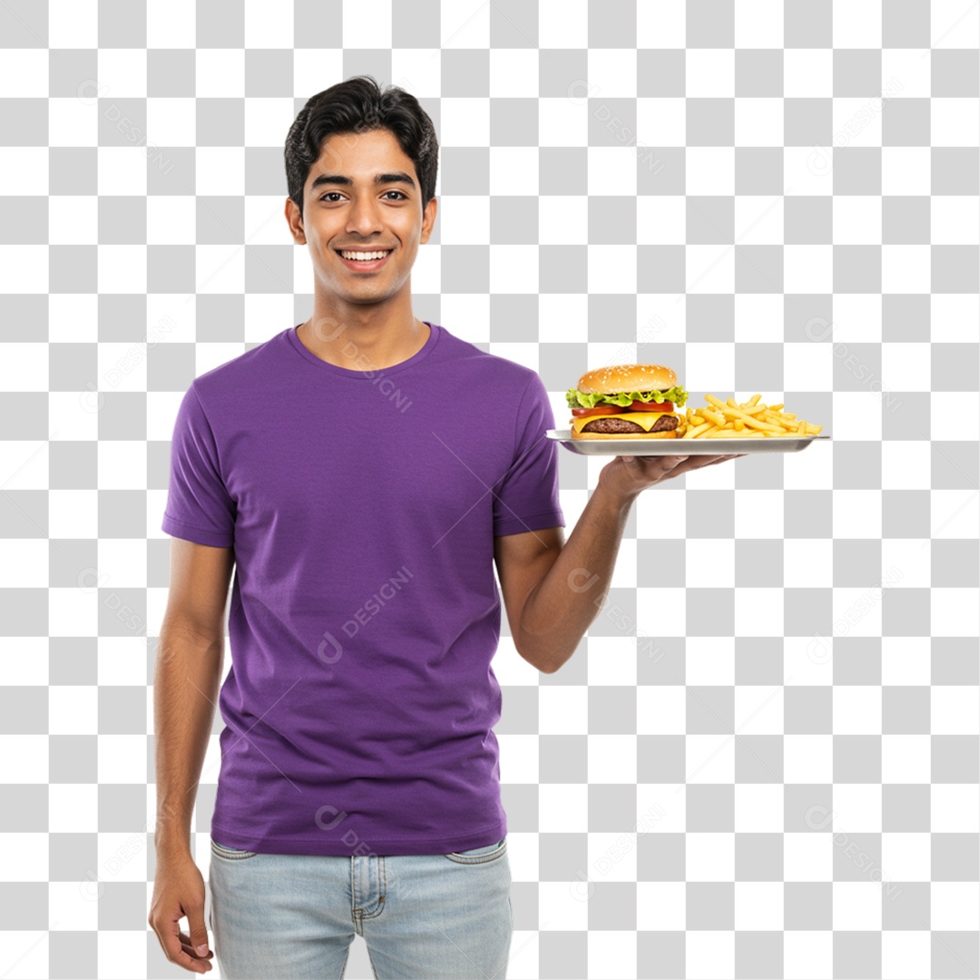 Homem Segurando Bandeja com Lanches e Hambúrguer PNG Transparente