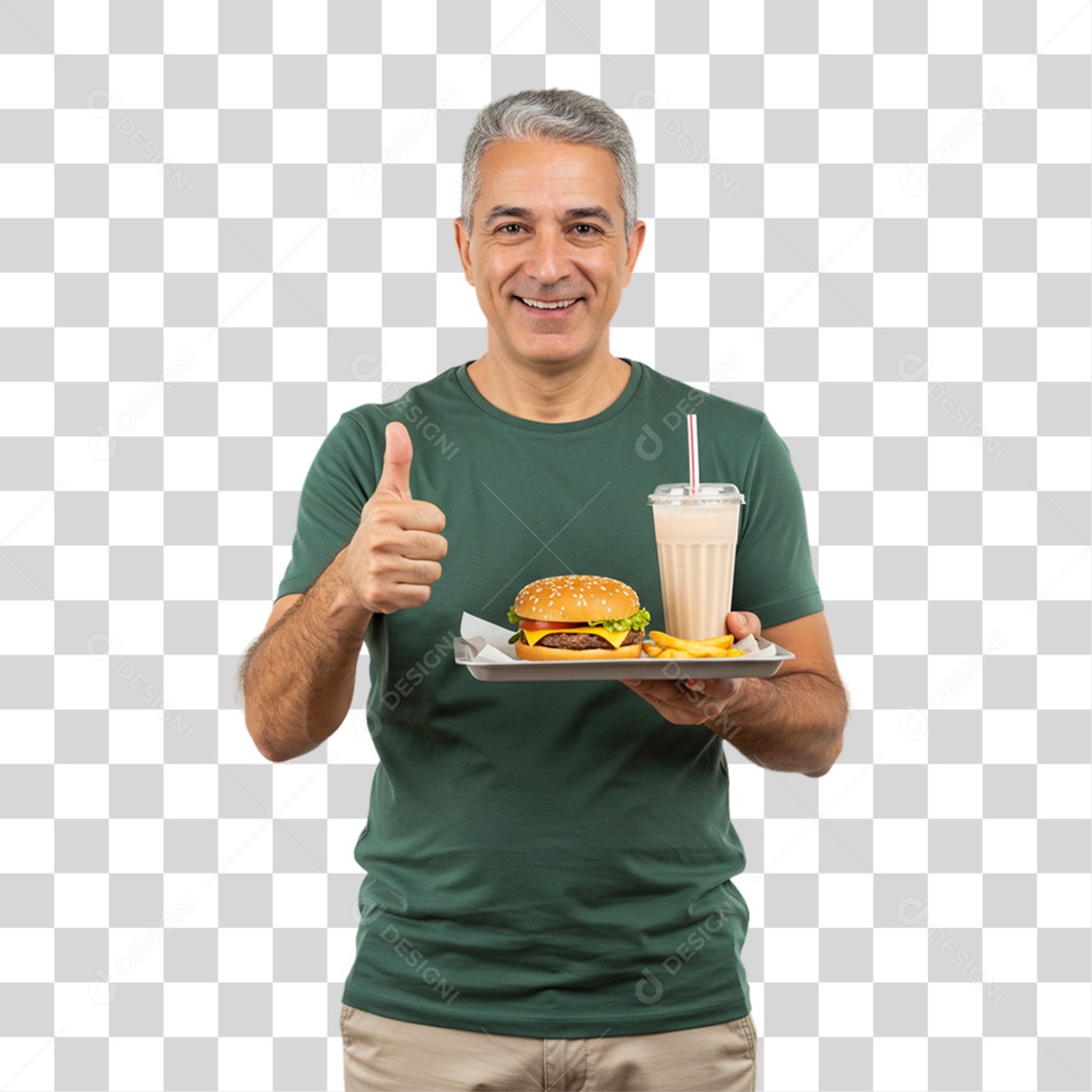 Homem Segurando Bandeja com Lanches e Hambúrguer PNG Transparente