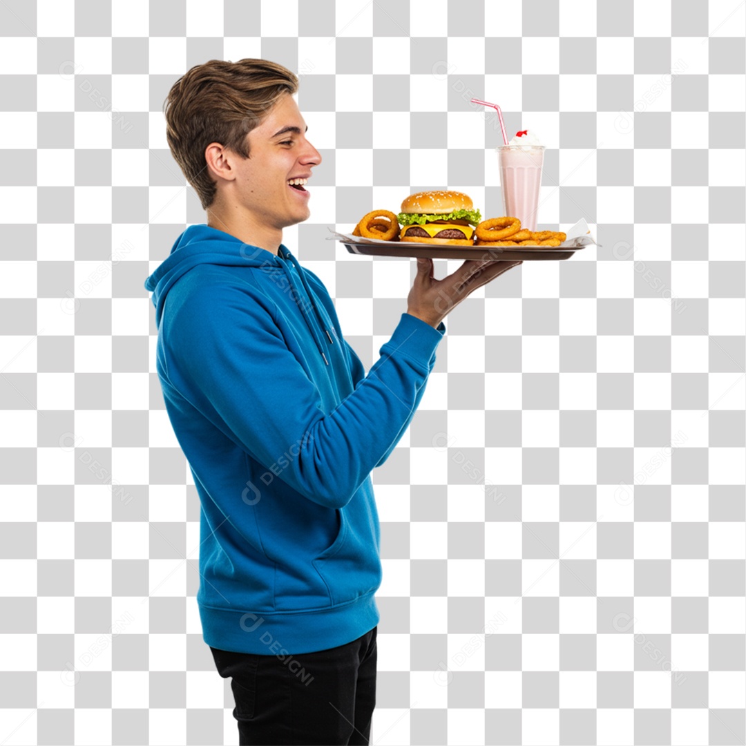 Homem Segurando Bandeja com Lanches e Hambúrguer PNG Transparente