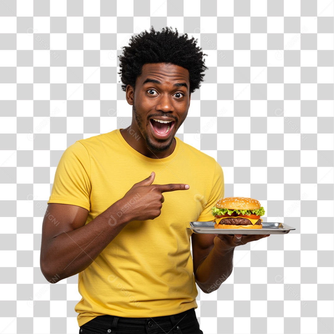 Homem Segurando Bandeja com Lanches e Hambúrguer PNG Transparente