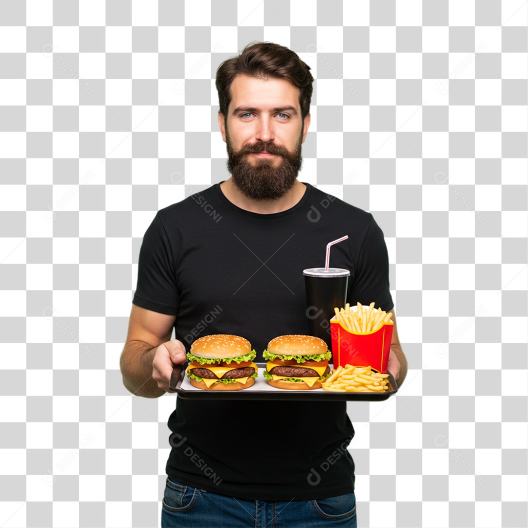 Homem Segurando Bandeja com Lanches e Hambúrguer PNG Transparente