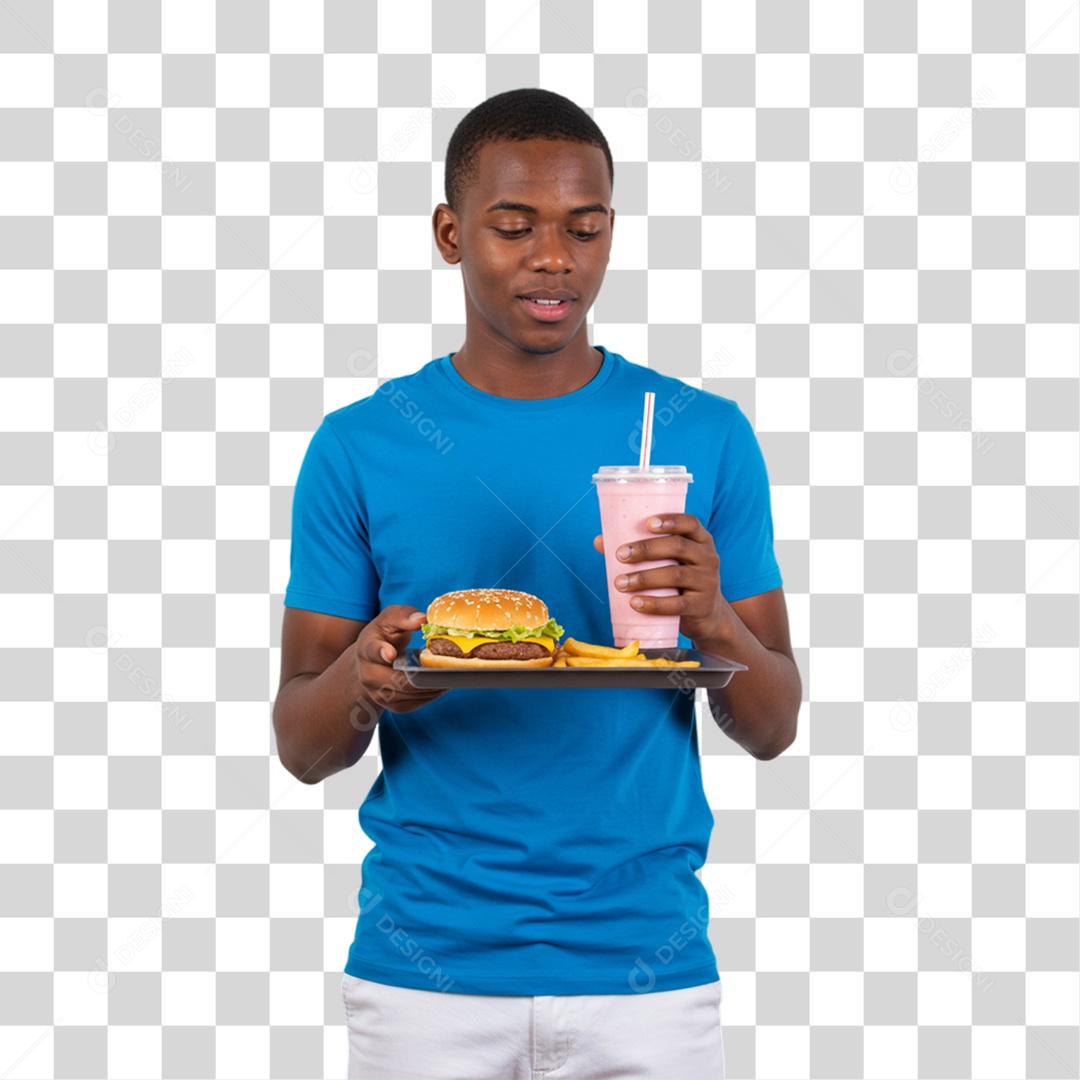 Homem Segurando Bandeja com Lanches e Hambúrguer PNG Transparente