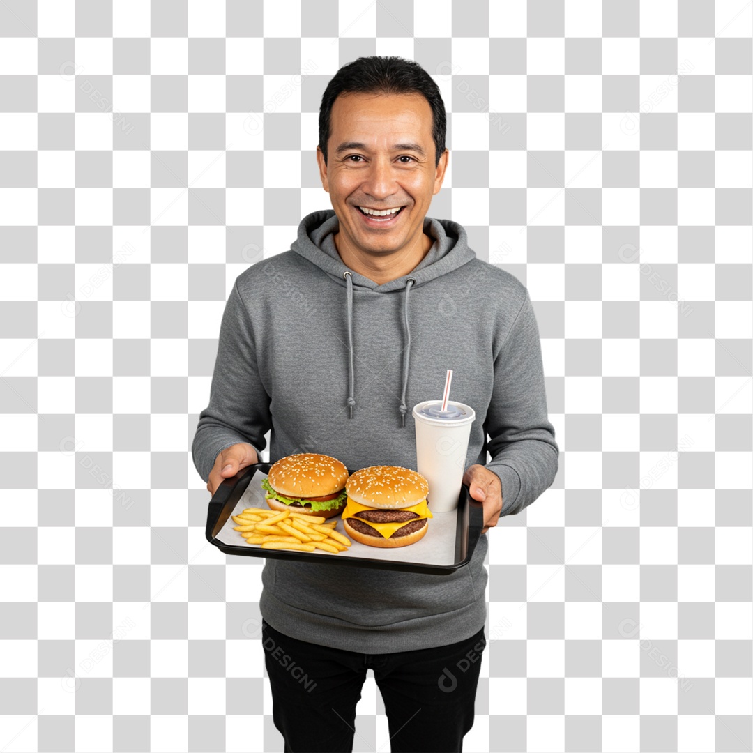 Homem Segurando Bandeja com Lanches e Hambúrguer PNG Transparente