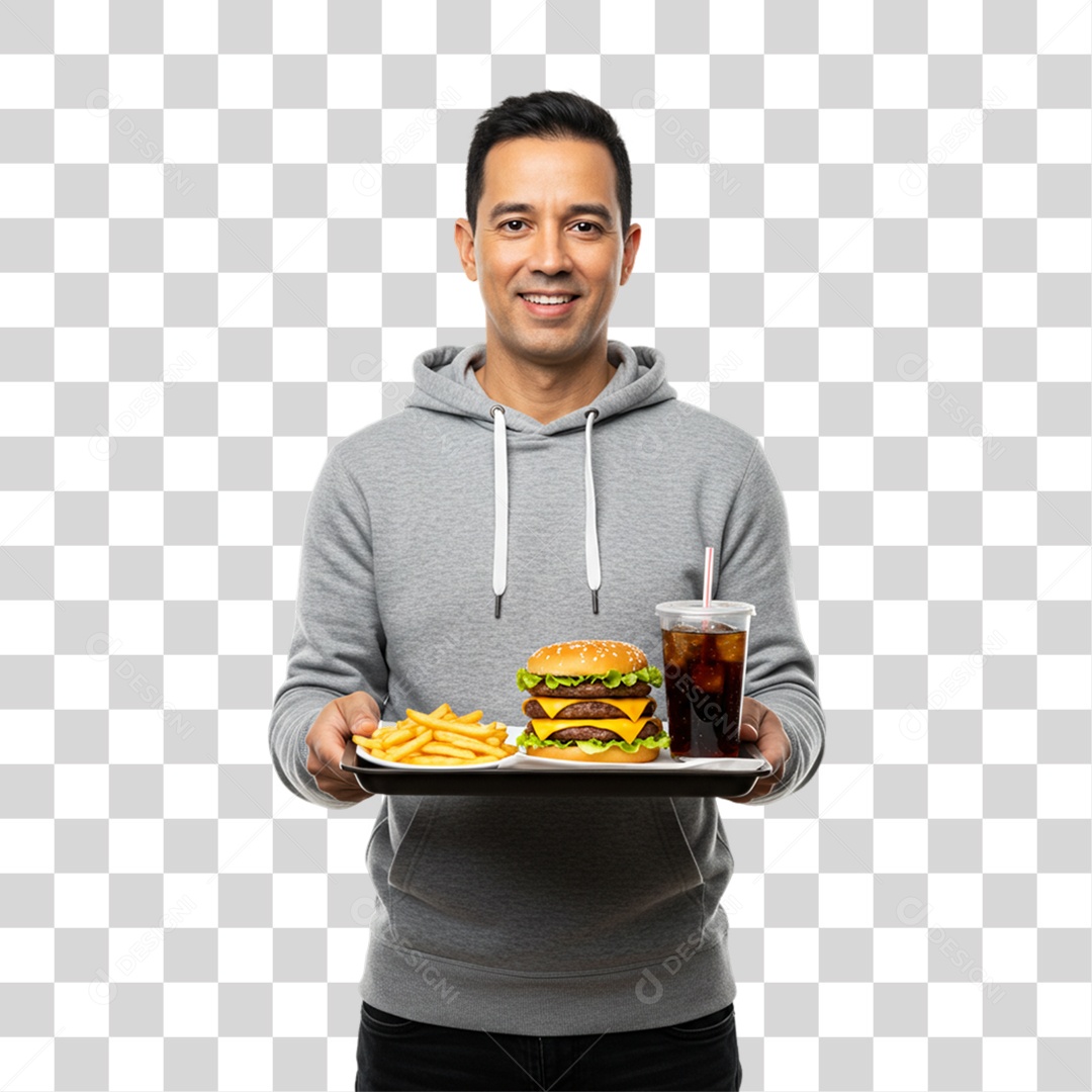 Homem Segurando Bandeja com Lanches e Hambúrguer PNG Transparente