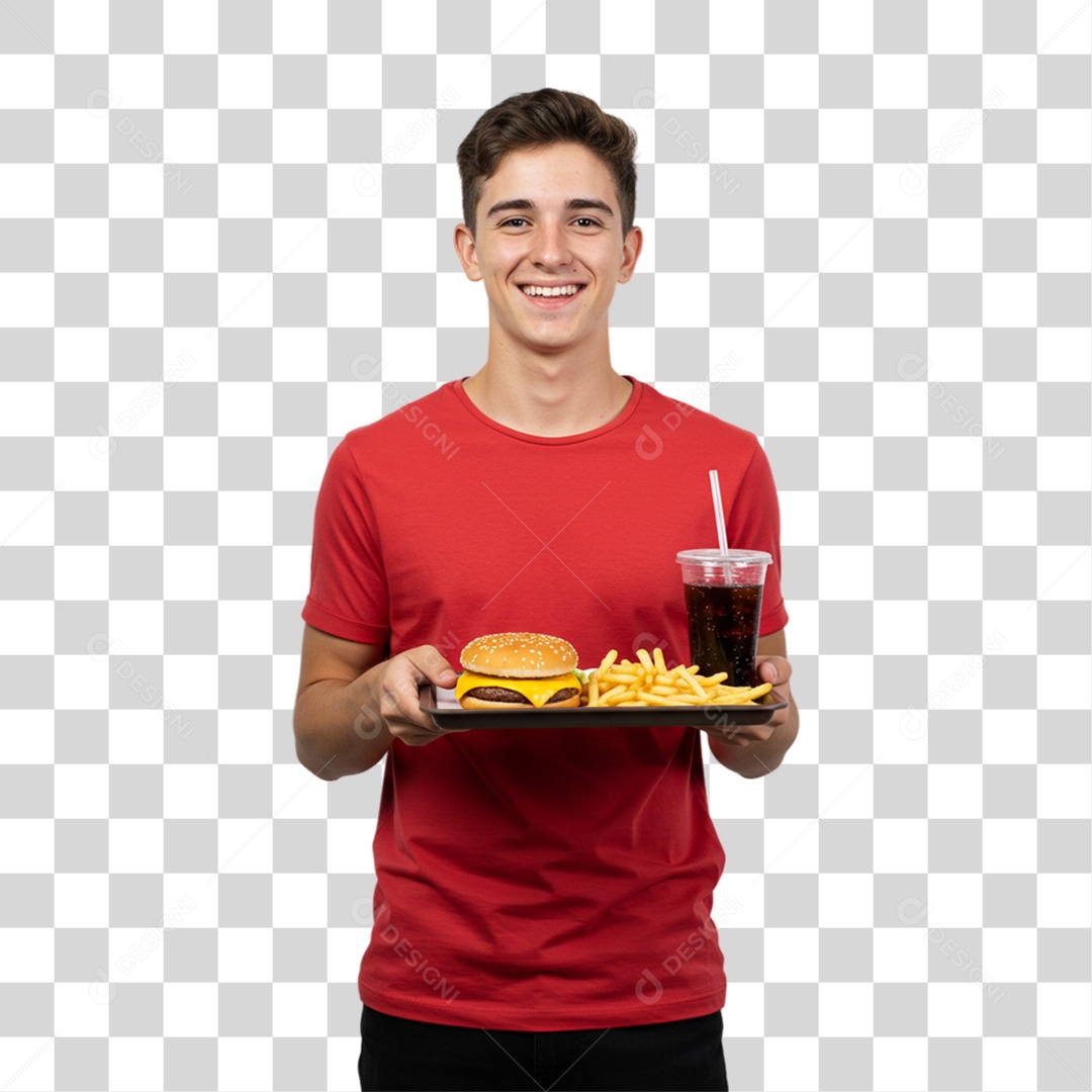 Homem Segurando Bandeja com Lanches e Hambúrguer PNG Transparente
